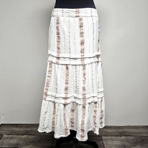 Versona White Rose Gold Stripe Tiered Flowy Boho Fringe Midi Skirt Summer
